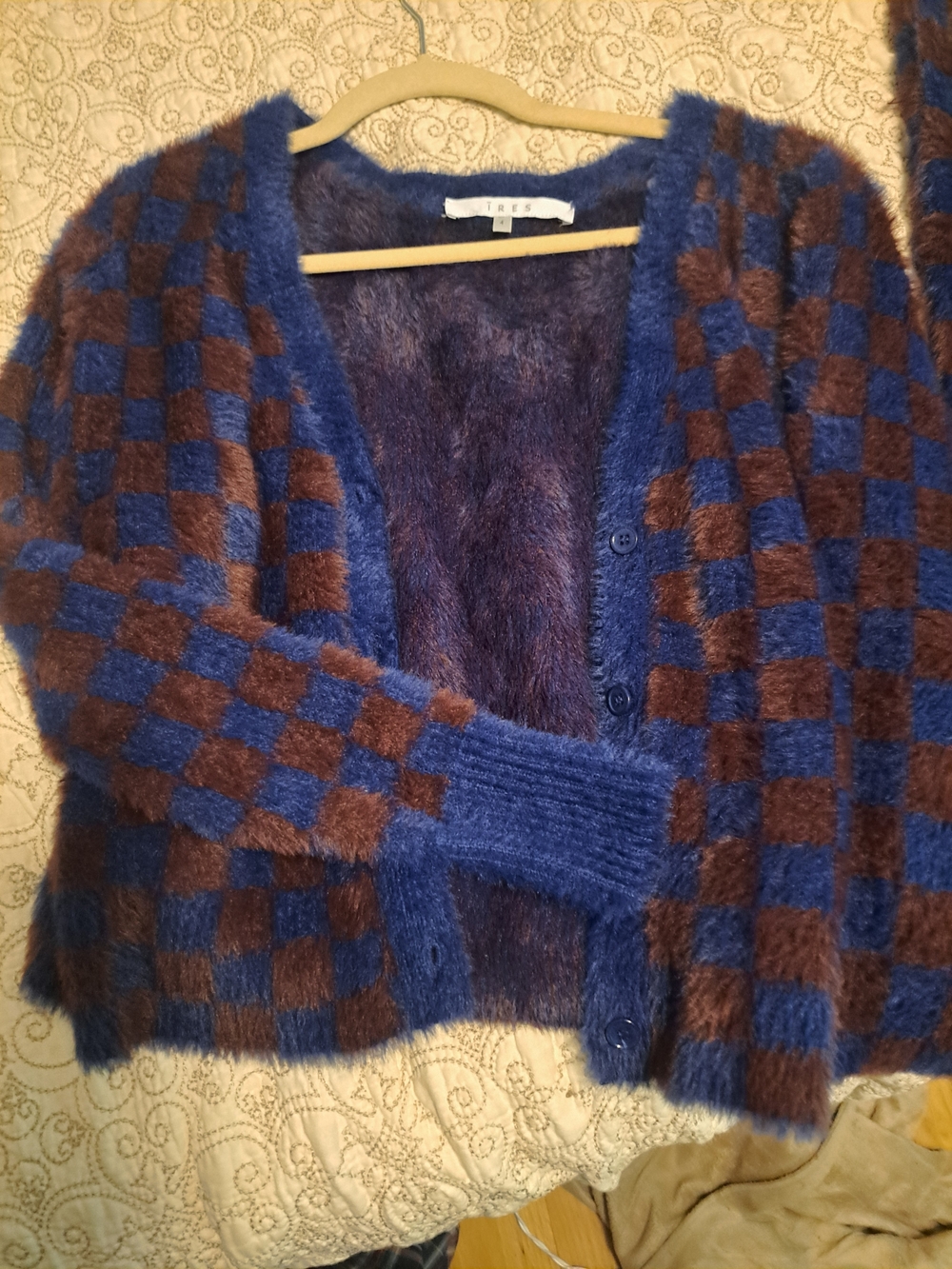 Tres Blue and Brown Checkered Fuzzy Cardigan Sweater And Pencil Skirt